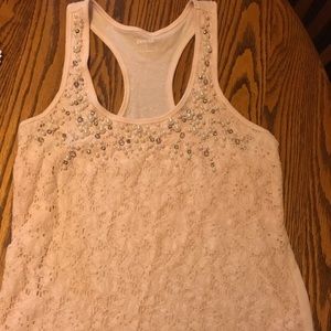 Pink lace tank top with pearl embellishments